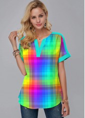Short Sleeve Colorful Plaid Split Neck Blouse