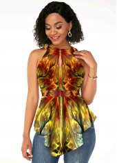 Sleeveless Keyhole Printed Asymmetric Hem Tank Top