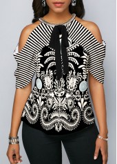 Cold Shoulder Bowknot Cashews Print Blouse