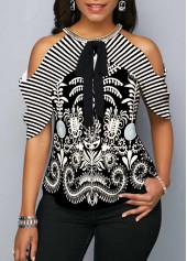 Cold Shoulder Bowknot Cashews Print Blouse