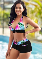 Halter Floral Print Mid Waist Bikini Set 