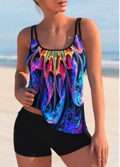 Spaghetti Strap Mid Waist Colorful Printed Tankini Set 