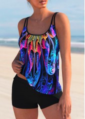 Spaghetti Strap Mid Waist Colorful Printed Tankini Set 