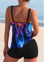 Spaghetti Strap Mid Waist Colorful Printed Tankini Set 