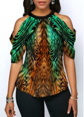 Cold Shoulder Animal Print Half Sleeve Blouse