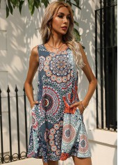 Sleeveless Round Neck Printed Double Pocket Dress