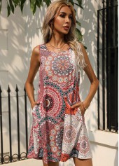 Printed Sleeveless Round Neck Double Pocket Dress