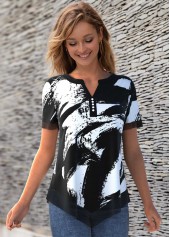 Printed Split Neck Asymmetric Hem T Shirt