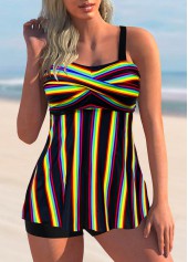 Cross Front Rainbow Stripe Spaghetti Strap Tankini Set 