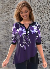 Half Sleeve Floral Print Split Neck T Shirt