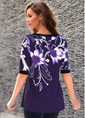 Half Sleeve Floral Print Split Neck T Shirt