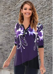 Half Sleeve Floral Print Split Neck T Shirt