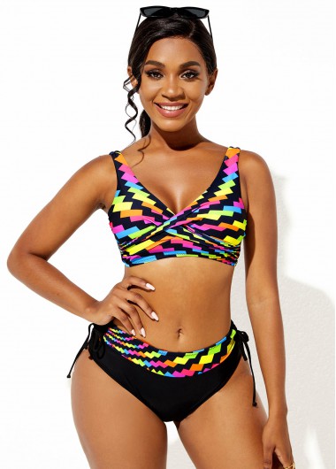 Women&apos;S Black Geometric Printed Two Piece Padded Wire Free Bikini Swimsuit Wide Strap Bathing Suit And Shorts By Rosewe - 20