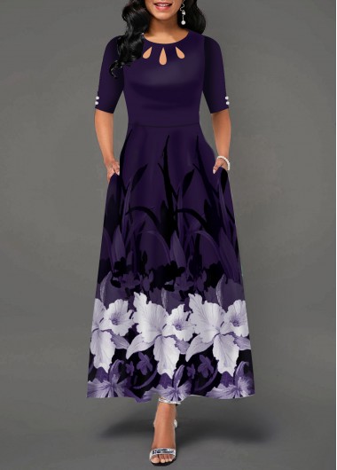 Women&apos;S Deep Purple Half Sleeve Maxi Vintage Dress Printed Button Detail Fall A Line Elegant Party Dress By Rosewe - S
