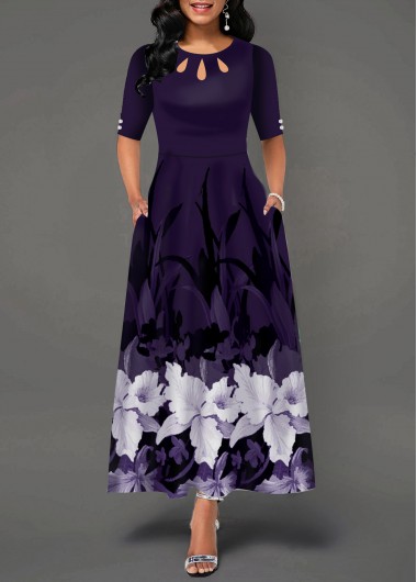 Women&apos;S Deep Purple Half Sleeve Maxi Vintage Dress Printed Button Detail Fall A Line Elegant Party Dress By Rosewe - S