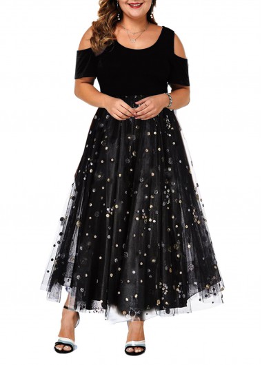 Women&apos;S Little Black Dress Black Cold Shoulder A Line Cocktail Party Dress Solid Color Short Sleeve Mesh Panel Maxi Dress By Rosewe - 1X