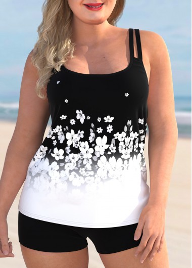Rosewe Women White Plus Size Tankini Swimwear Floral Printed Ombre Dip Dye Swimsuit Padded Wire Free Two Piece Bathing Suit - 2X