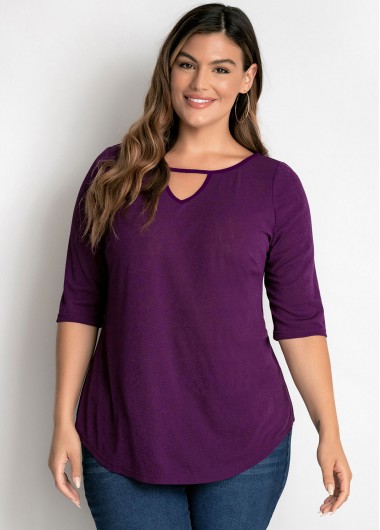 Rosewe Purple Plus Size Keyhole Neckline T Shirt - 3X