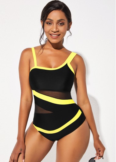 Rosewe Mesh Panel Wide Strap One Piece Swimwear - XXL