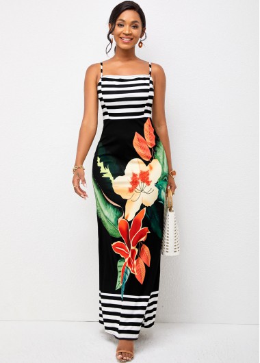 Rosewe Cocktail Party Dress Spaghetti Strap Maxi Floral Print Dress - XXL