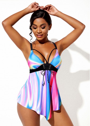 Rosewe Spaghetti Strap Colorful Lace Up Swimdress and Panty - L