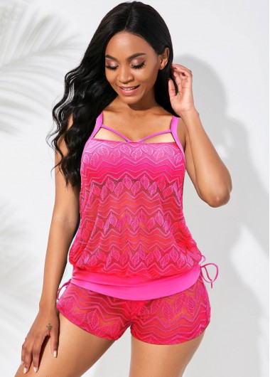 Rosewe Drawstring Side Lace Stitching Cage Back Tankini Set - M