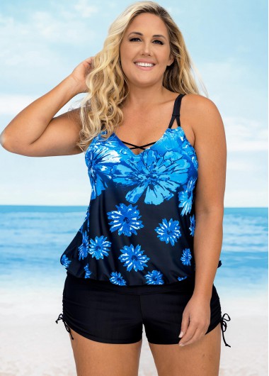 Rosewe Cross Strap Ombre Plus Floral Print Size Tankini Set - 3X