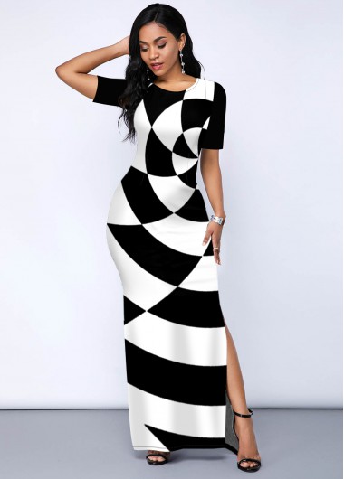 Rosewe Cocktail Party Dress Round Neck Geometric Print Side Slit Dress - XXL