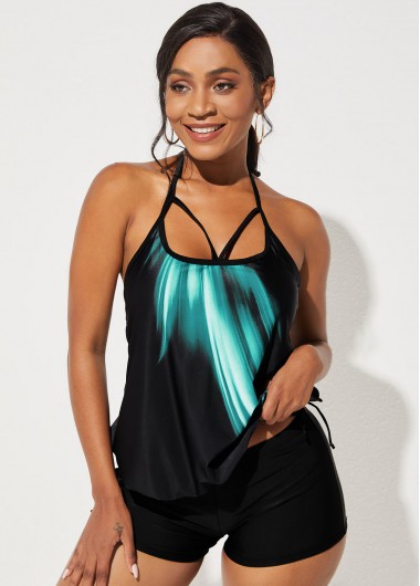 Rosewe Printed Drawstring Side Halter Tankini Set - S