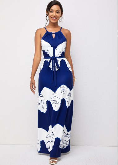 Rosewe Cocktail Party Dress Keyhole Neckline Spaghetti Strap Belted Dress - M