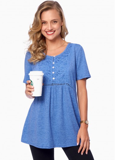 Rosewe Button Detail Lace Stitching Short Sleeve T Shirt - XXL