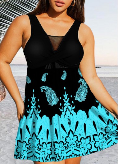 Rosewe Mesh Stitching Plus Size Paisley Print Swimdress Top - 3X