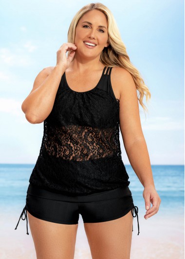 Rosewe Solid Lace Patchwork Plus Size Tankini Set - 2X