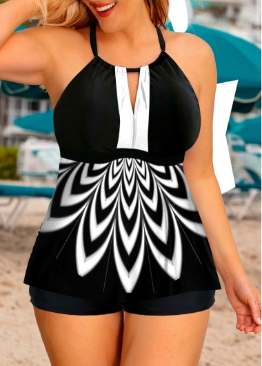 Rosewe Plus Size Printed Criss Cross Back Swimdress and Shorts - 1X