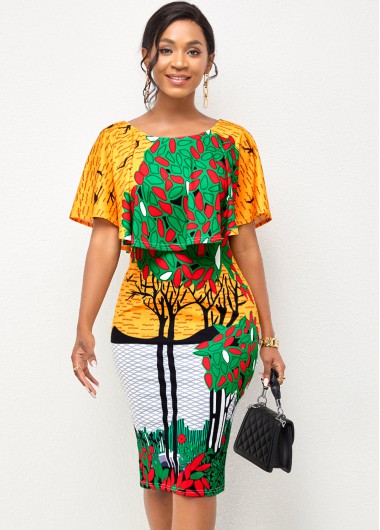 Rosewe Cocktail Party Dress Round Neck Cape Sleeve Plant Print Dress - M
