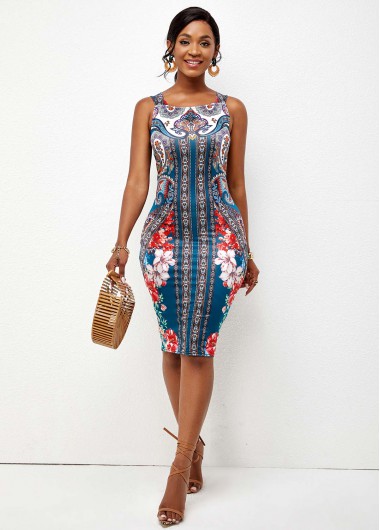 Rosewe Cocktail Party Dress Tribal Print Wide Strap Sheath Dress - XXL