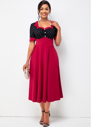 Rosewe Cocktail Party Dress Polka Dot Decorative Center Shirred Button Dress - M