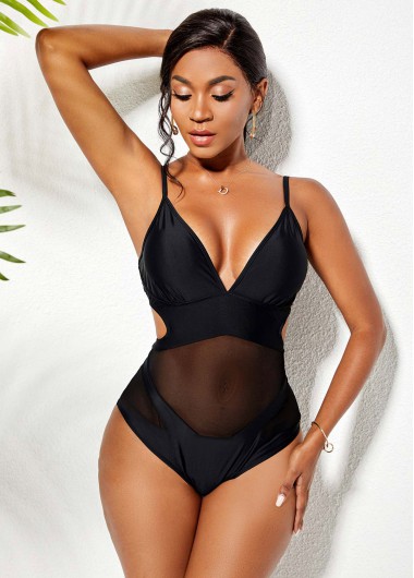 Rosewe Cutout Mesh Stitching Spaghetti Strap One Piece Swimwear - M