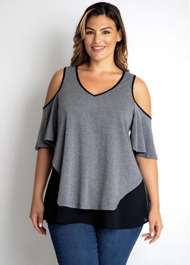 Rosewe Plus Size Cold Shoulder V Neck T Shirt - 3X
