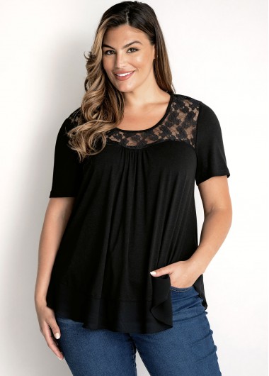 Rosewe Short Sleeve Lace Patchwork Plus Size T Shirt - 3X