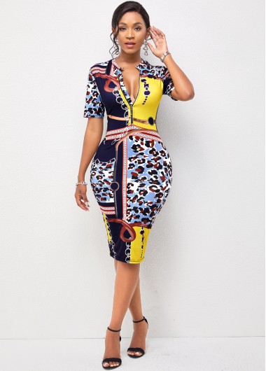 Rosewe Cocktail Party Dress Quarter Zip Short Sleeve Baroque Print Dress - L