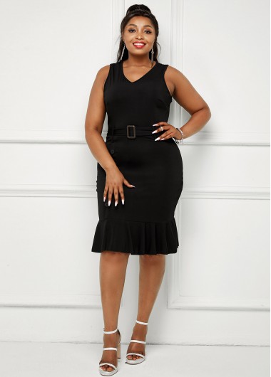 Rosewe Belted Plus Size Solid Sleeveless Mermaid Dress - L