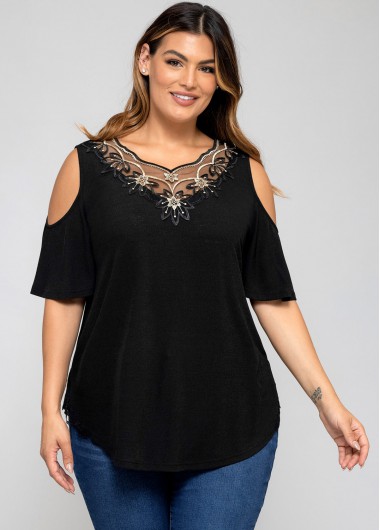 Rosewe Plus Size Lace Stitching Cold Shoulder T Shirt - 1X