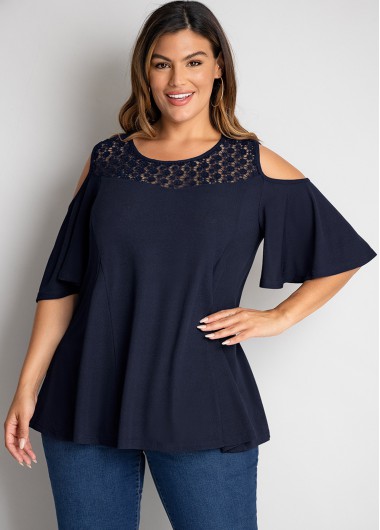 Rosewe Lace Stitching Plus Size Cold Shoulder T Shirt - 3X