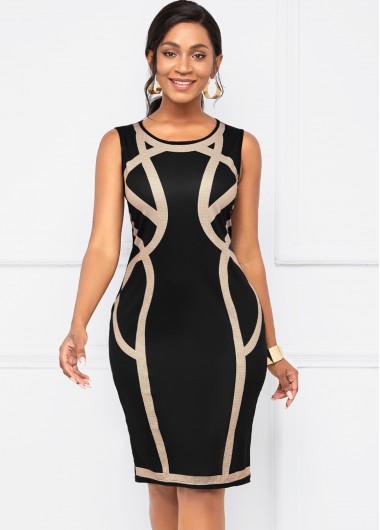 Rosewe Black Dresses Round Neck Contrast Sleeveless Bodycon Dress - M
