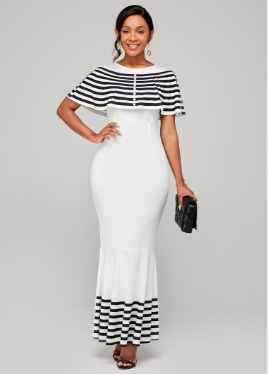 Rosewe Cocktail Party Dress Cape Sleeve Round Neck Striped Mermaid Dress - S