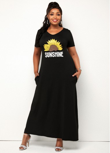 Rosewe Pocket Plus Size V Neck Sunflower Print Dress - L