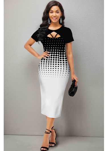 Rosewe Black Dresses Short Sleeve Polka Dot Ombre Dress - M