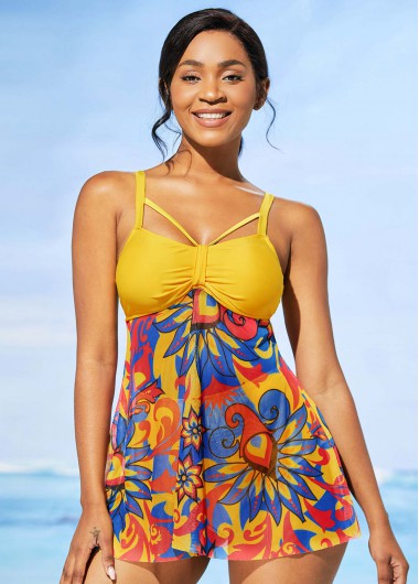 Rosewe High Waisted Floral Print Wide Strap Tankini Set - L