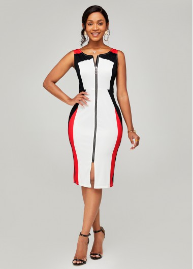 Rosewe Cocktail Party Dress Color Block Zipper Closure Sleeveless Dress - M
